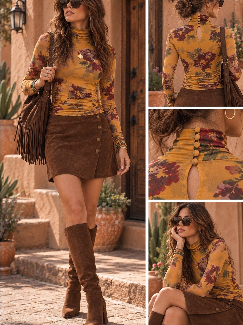 Cinq à Sept Bridgette Deep Gold Floral Mesh Ruched Turtleneck Top
